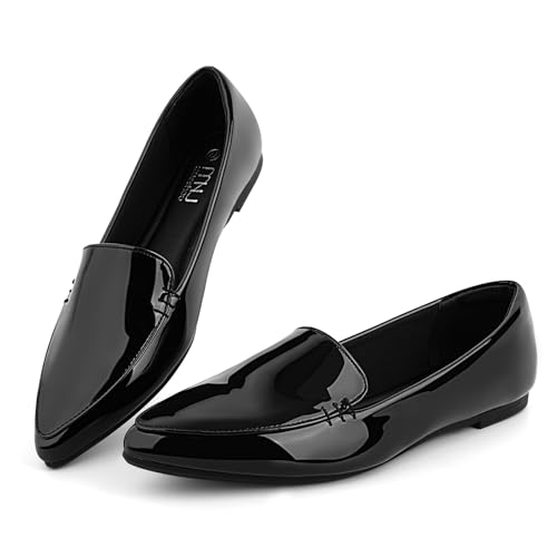 MUSSHOE Pointed Toe Flats for Women, Comfortable Business Casual Work Shoes, Slip On Loafers with Arch Support, Office Walking Flats for All Day Standing Black Pattern