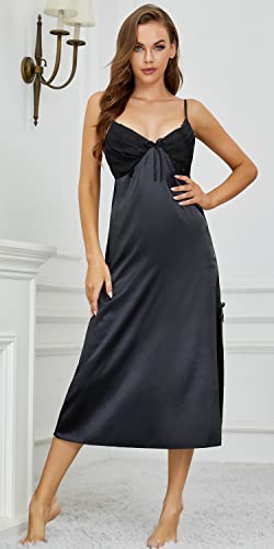 Eplaza Women Plain Satin Chemise Long Slip Night Dress Gown Sleepwear Loungewear (X-Large, Black) #TOP2