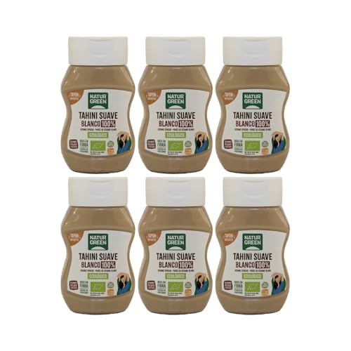 NaturGreen - Tahini Suave Blanco Bio, Pack 6 x 270 g, Tapón Antigoteo, Puré de Sésamo 100% Ecológico, Textura Cremosa, Rico en Fibra, Sin Gluten ni Azúcares, Fuente de Proteínas, Recetas Saludables
