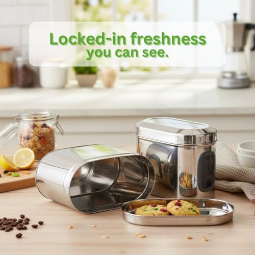Image of Airtight Stainless Steel Storage Containers Set of 2 | 1750ml Steel Kitchen Canisters with See-Through Window | Food Grade Multipurpose Capsule Jars for Rice, Dal, Grains & Snacks
