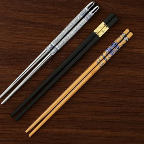 Image of 3-Pairs Reusable Chopsticks Set - Stainless Steel, Wooden & Fiber with Gold Accent - Lightweight, Square Grip Chop Sticks for Sushi, Noodles & Hotpot (Korean & Chinese Style)
