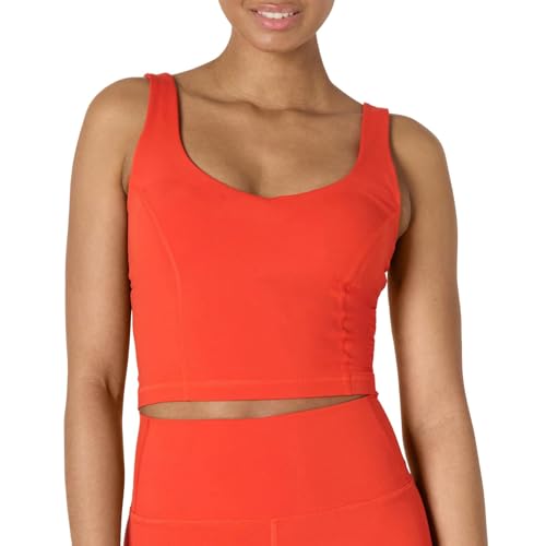 Amazon Essentials Women's Active FormFlex Buttery Soft Light Support Crop Tank with Bra, Bright Red, Large