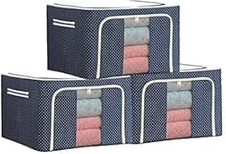 KCUBE 66L Foldable Steel Frame Storage Bag | Oxford Fabric Clothes Organizer with Front Zip | Wardrobe Storage Box for Sarees, Bedsheets, Blankets | Durable Living Space Organizer (Pack of 3)