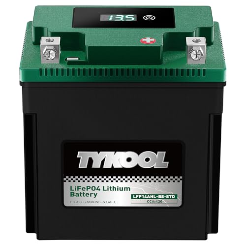 Image of TYKOOL LFP14AHL-BS-STD Lithium Battery, Replaces YTX14AHL-BS, 420CCA 7Ah Fits for Motorcycle ATV Scooter, Compatible with Kawasaki KLR650 Suzuki Boulevard S40 Royal Enfield, Digital Readout [- +]