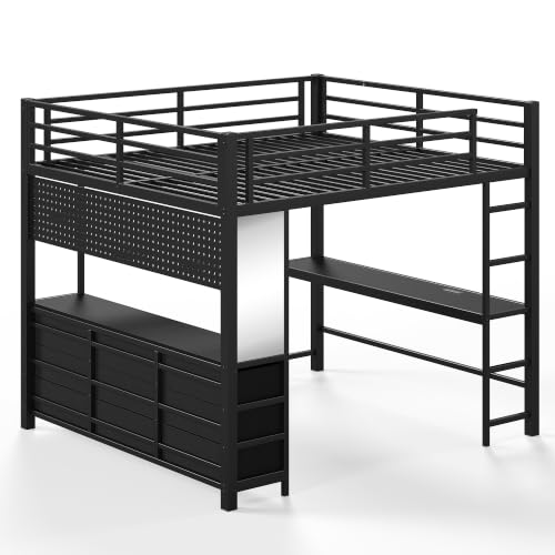 Image of Bellemave Queen Size Loft Bed Frame with Desk and Storage Drawers,Black