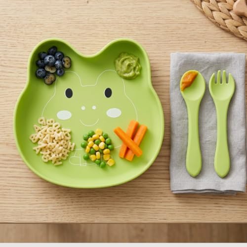 Image of TIGGY & BONNET Frog 2 Pcs Silicone Baby Feeding Set for Baby Bpa-Free | Microwave Safe, Anti-Slip Base | Tableware Kit for Babies & Toddlers with Suction Plate & Spoon