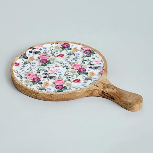 Image of SAAGA Red Violet Mango Wood Pizza Serving Tray - Stylish Round Snack Plate (15x10 Inch) for Kitchen, Home, Cafes & Restaurants