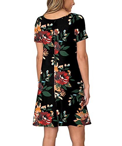 Vestido feminino casual de verão da KORSIS com manga curta, bolsos, Brown Flower Black, Small