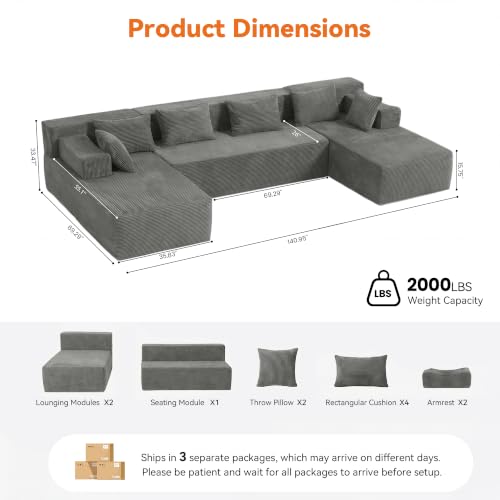 Image of MONVANE 141 inch U-Shaped Modular Sectional Sofa, Ash Grey