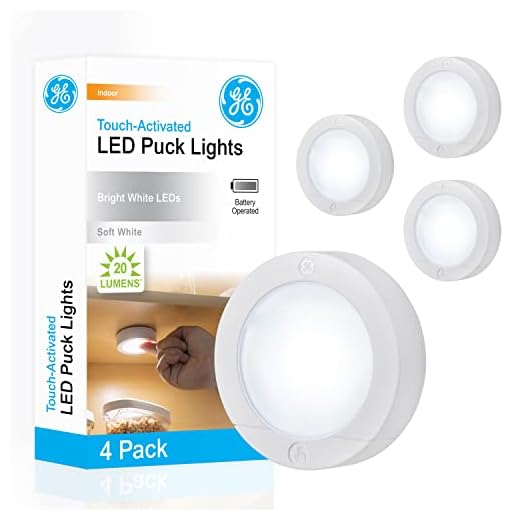 GE Wireless LED Puck Lights, Battery Operated, 20 Lumens, Touch Light, Tap Light, Stick On Lights, Under Cabinet Lighting, Ideal for Kitchen Cabinets, Closets, Garage and More, 4 Pack, 45997