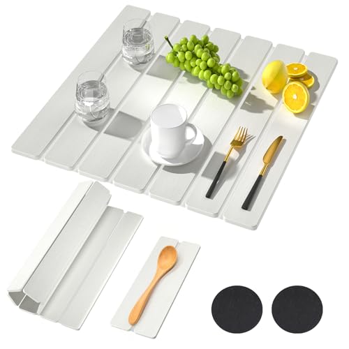 2Pack Stone Dish Drying Mats for Kitchen Counter, Quick Dry Absorbent Diatomite Sink Tray, Foldable Non Slip Dish Rack Mat for Dishes Cups, Perfect for Kitchen Bathroom White (15.5