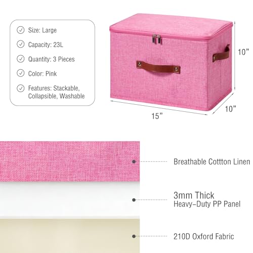 Image of 3PCS Storage Bins Boxes with Zippered Lids Cotton Linen Fabric Decorative Basket PU Leather Handles PP Plastic Board Foldable Lidded Clothing Shelf Closet Organizer Container (Pink, Large)