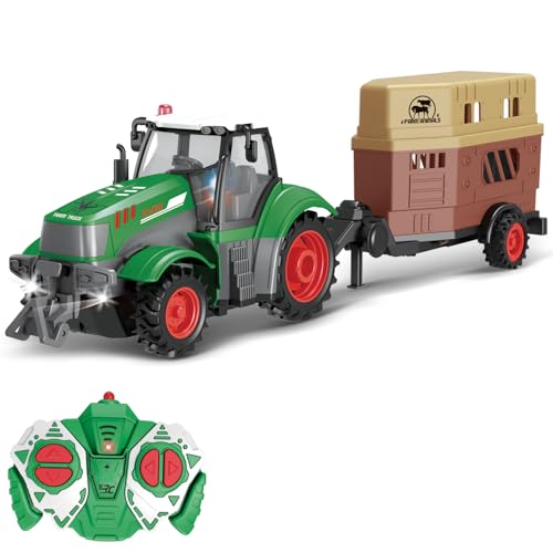 fisca Remote Control Tractor Toy & 33PCS Farm Playset-2.4GHz 1/24 Scale Tractor, Livestock Trailer, Fence with Light for Kids Age 4, 5, 6, 7 and Up Years Old
