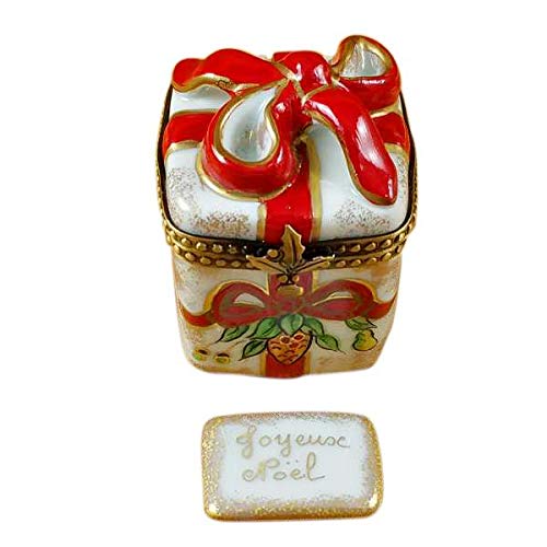 Red Ribbon Christmas Box W/Plaque - Limoges Box Authentic Porcelain Figurine From France #TOP14