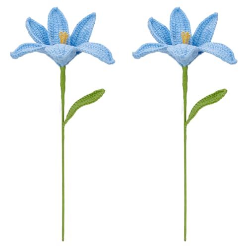 FINGERINSPIRE 2 flores de lirio artificiales hechas a mano con ganchillo con bolsas de embalaje, ramo de flores de lirio, de algodón, de punto azul cielo, con hilo de hierro, flores artificiales de