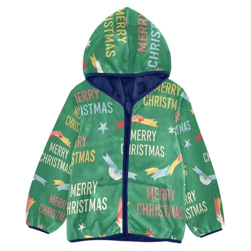 Merry Christmas Pattern on Green Toddler Fleece Jacket Girl Boys Hooded Fleece Jacket Coat Warm Outwear Zip-up 3-10T
