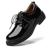 OKJ Oxford Shoes for Women Black Tie Women's Oxfords Shiny Patent Leather Comfortable Polishable Slip on Lace up Ladies Loafers Business Casual Uniform Work Office Formal Military Police Shoes 6.0