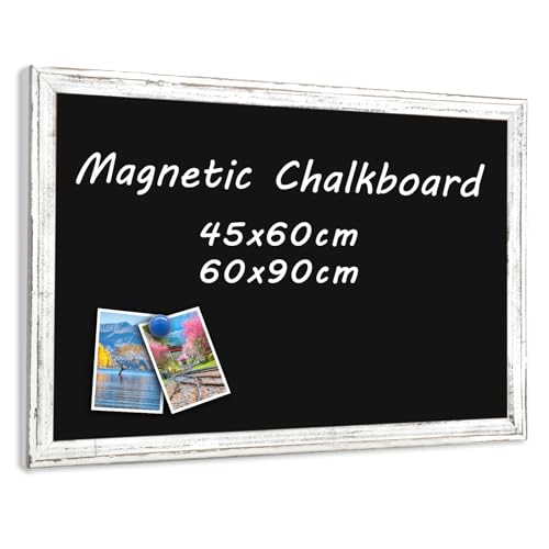 QUEENLINK 45 x 60 cm Magnetic Chalkboard with Rustic White Frame for Wall, Large Chalkboard, Chalk Board for for Office, School & Home Decor