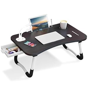 Warmiehomy Laptop Desk with USB Ports, Portable Laptop Bed Table with Foldable Legs & Cup Slot, Lap Table for Sofa with Drawer, Small Fan&Lamp, Lap Tray with Leg for Working, Black