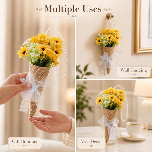 Image of SATYAM KRAFT 1 Pcs Artificial Daisy Flower Bouquet with Pearl Handle | Decorative Wall Hanging Floral Arrangement for Home Decor, Living Room, Gifting & Festive Decoration (Yellow)