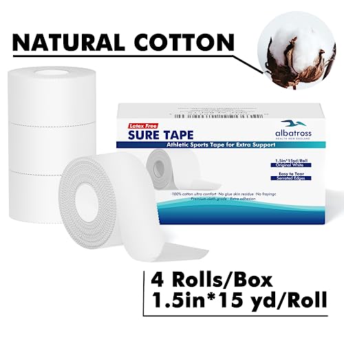 Sure Tape 4-Pack (1.5in X 45 ft/Pack) White Athletic Sports Tape - Strong Easy Tear NO Sticky Residue for Athlete & First Aid Injury Wrap, Perfect for Fingers Ankles Wrist on Bat, Hockey Stick