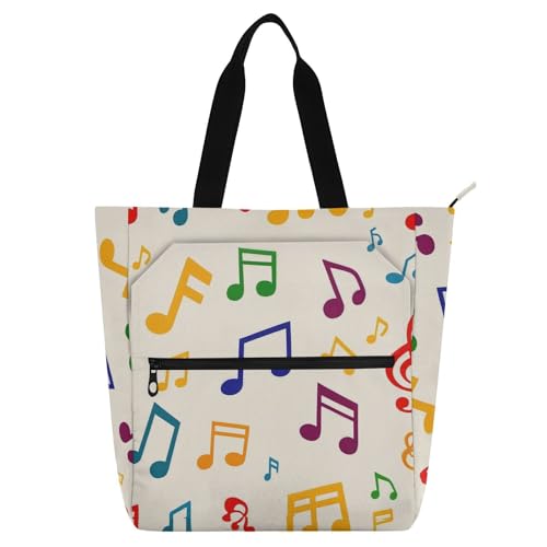 Amooorous Bolsas decorativas para libros para niños, niñas y adultos, silueta de símbolo de música de dibujos animados, grandes, con bolsillos con cremallera, para la escuela, compras, playa, tela