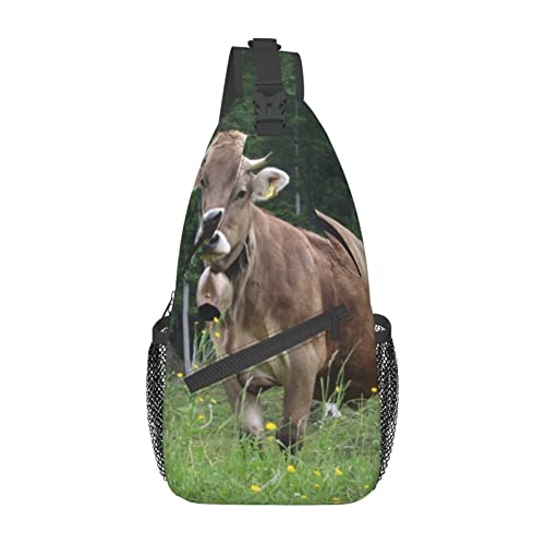 Sac à dos à bandoulière unique en forme de vache suisse ergonomique marron et noir