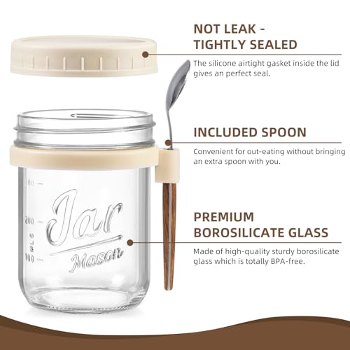 Image of LANDNEOO 4 Pack Overnight Oats Containers with Lids and Spoons, 16 oz Glass Mason Jars with Airtight Lids, Overnight Oats Jars for Milk, Cereal, Fruit-Beige