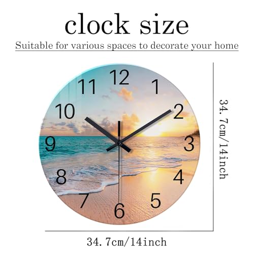 Constantplanet Beach Coastal Wall Clocks Battery Operated Analog Round Wall Clock for Living Room Decor 14 Inch Blue Glass Silent Wall Clock - Image 6