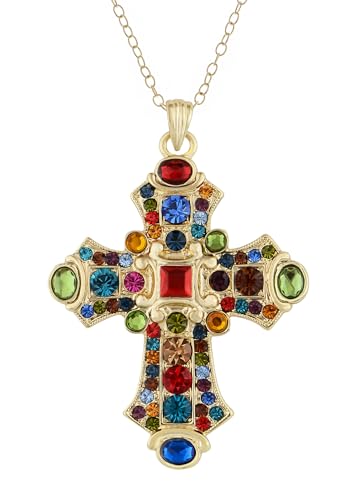 Image of Alilang Ornate Antique Golden Tone Colorful Rhinestone Cross Pendant Necklace