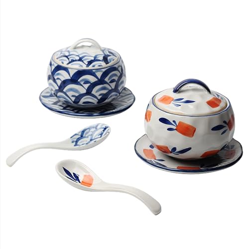 蒸し碗 茶碗蒸し碗 2セット ほんわか和風陶の茶碗蒸しちゃわんむし器 陶器 和食器 蓋付き スプーン付き スープカップ デザートカップ スープ茶碗 使いやすい 電子レンジ 食器洗浄機対応 調理用品家庭用 (D)