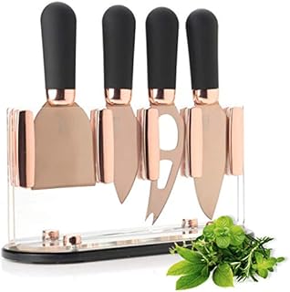 Cheese Knives & Stand [Rose Gold] - Brooklyn by Taylors Eye Witness. Transparent Acrylic Holder & 4-Piece Knife Set. Hard Titanium-Plated, Super Sharp Blades. Soft Grip Handles. 2 Year Guarantee.