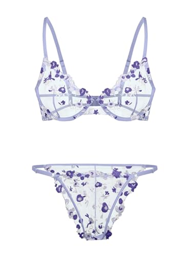 Image of Lilosy Sexy Floral Embroidered Mesh Sheer Underwire Lingerie Set