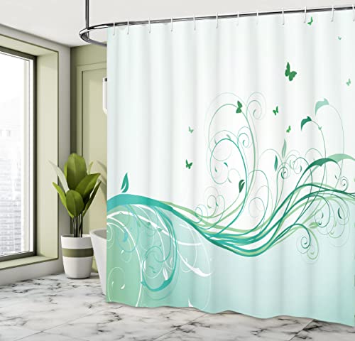 ABAKUHAUS Turquoise Shower Curtain, Illustration Floral Victorian Style Curvy Lines Wave Butterfly Design - Image 4