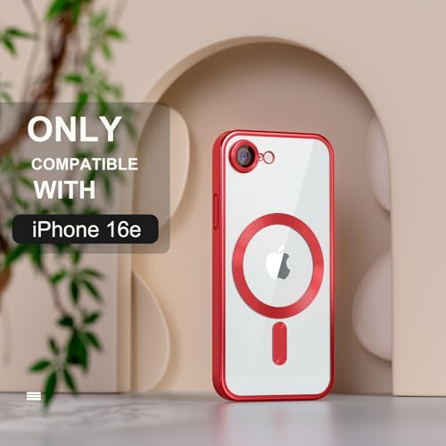 Image of Misea Magnetic for iPhone 17e / 16e Case Compatible with MagSafe Red | [Never Yellowing] [Military Drop Protection] Full Camera Lens Protector Plating Soft Clear Phone Case for Women, Red