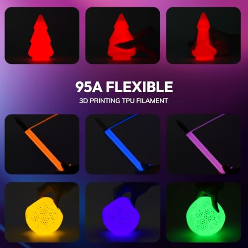 Image of AMOLEN 95A TPU Glow in the Dark Filament Bundle, Red, Orange, Blue Purple, Green 1.75mm Soft Flexible TPU 3D Printer Filament, Best with UV Lamp, 200g x 4 Pack, Luminous Filament for Halloween