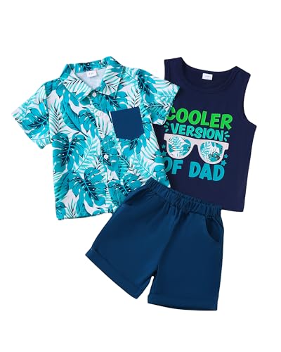 VEGGIEDOT Short Sets Summer Shirts Size 5 6 Children Boy Tropical Plant Graphic 3 Piece Set Shirt Shorts Beach Outing Summer Casual Ensemble