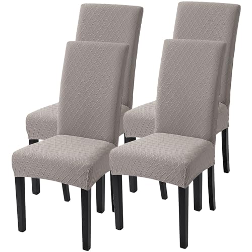 Image of SearchI Dining Room Chair Covers Set of 4, Stretch Jacquard Parsons Chair Slipcovers Removable Washable Kitchen Chair Protector Cover for Dining Room, Hotel, Ceremony (Taupe Rhombus)