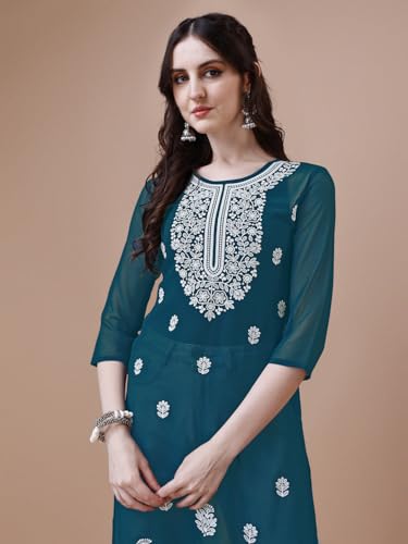Image of EthnicJunction Women's Georgette Embroidered Straight Kurta | Summer Kurti | Short Kurti for Women | Top for Office |Women's Tunics Tops | Kurta Shirt Top | Regular Fit Top | Tops for Jeans for Women