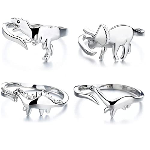 Ppmter 4 Pcs Dinosaure Anneaux, Mignon Tyrannosaurus Triceratops Stegosaurus Bagues Réglables Bijoux Cadeaux pour Femmes Hommes
