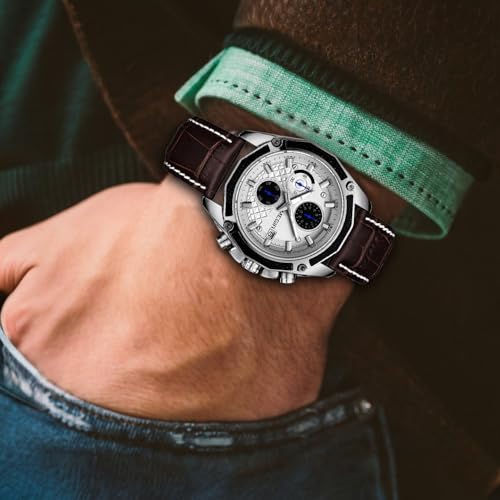 Image of The Watch Company Men's Analog Watch | Formal & Casual Watch | 3 Chronograph (Hour,Minute,Second) with Date Feature | Classic White Dial With Brown Leather Strap | Adjustable Leather Strap Watch | Strong Luminous | 30 Meter Water Resistant