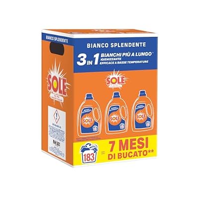 Sole Detersivo Lavatrice Bianco splendente 183 Lavaggi, Formula igienizzante, Detersivo Lavatrice Liquido Bianco Splendente, rimuove le macchie a basse temperature