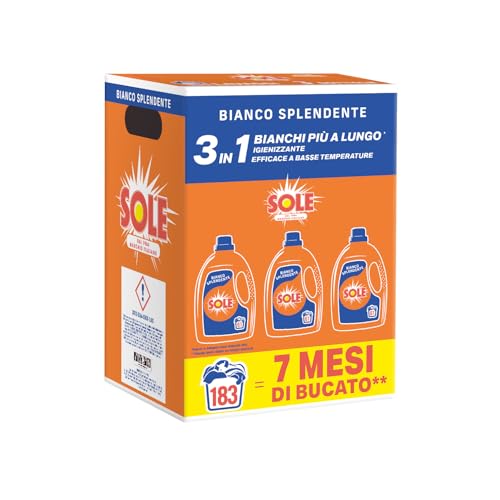 Sole Detersivo Lavatrice Bianco splendente 183 Lavaggi, Formula igienizzante, Detersivo Lavatrice Liquido Bianco Splendente, rimuove le macchie a basse temperature