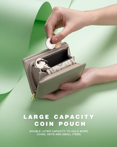 Bifold Multiple Card Wallet for Women Rfid Blocking Leather Credit Card Purse with Zipper Closure Pockets(Green)2