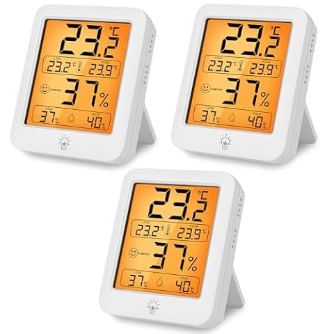 HOTUT Cyfrowy Termometr Wilgotności 3 szt. - Zestaw do Domu i Ogrodu, Higrometr z Podświetleniem LCD, Pamięć MIN/MAX - Miernik Temperatury do Szklarni, Sypialni, Piwnicy, Biura (Pakiet 3 sztuk)
