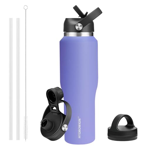 Image of HYDROWION Water Bottle Stainless Steel,Vacuum Insulated Leak Proof Tumbler 32oz with Straw Lid, Spout Lid and Flex Cap(Cold for 48 Hrs, Hot for 24 Hrs), Fit in Any Car Cup Holder, Purple