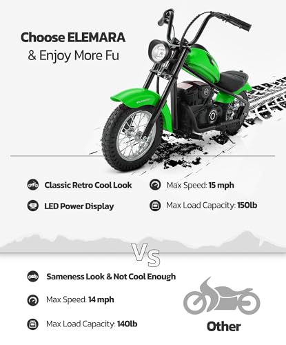 Image of ELEMARA Electric Dirt Bike, 15 mph & 150lb Max, 24V Ride on Toy for Big Kids w /LED Lights & Power Display,Chain-Driven Motor,Twist-Grip Throttle, Shock Springs,Handbrake,12 inch Air-Filled Tires-Green