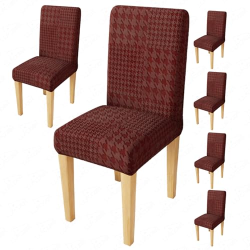 Image of Lukzer Elastic Dining Chair Cover - 6PC Pastel Deep Maroon Square Knit | Textured High Stretch Jacquard Seat Cover | Removable Washable Short Dining Chair Cover Protector Seat Slipcover | (CC-179-06)