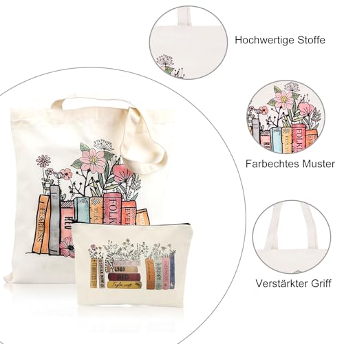 Megcdtr Stoffbeutel Bedruckt, 2 Stück Baumwolltasche Bedruckt, Stoffbeutel Geschenk Tragetasche und Kosmetiktasche, Baumwolltasche für Damen Reise Tragbare Makeup(Weiß)