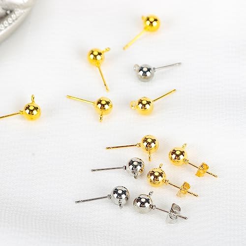 YOYOSTORE 100 Round Ball with Ring Iron Earrings Posts for Jewelry Earring Making Findings (Golden, 4mm)